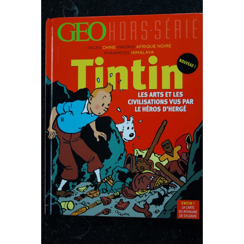 L'album GEO  TINTIN GRAND VOYAGEUR DU SIECLE + INEDIT UN DESSIN GEANT DE HERGE TOUS LES PERSONNAGES