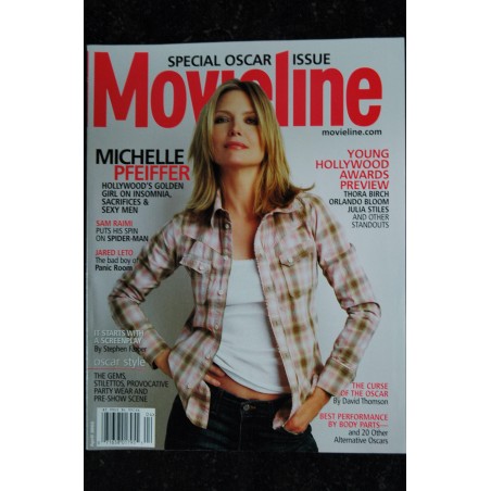 Movieline 2002 04  Michelle Pfeiffer Cover + 6 p. - Jared Leto David Fincher Sam Raimi Thora Birch Orlando Bloom Julia Stiles